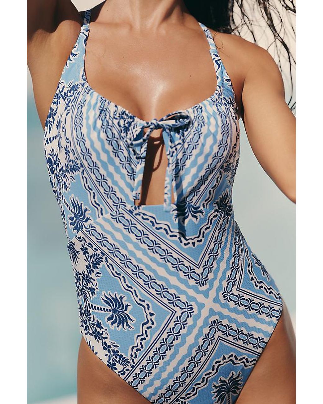 Celandine Blue Iris Tie-Front One-Piece Swimsuit
