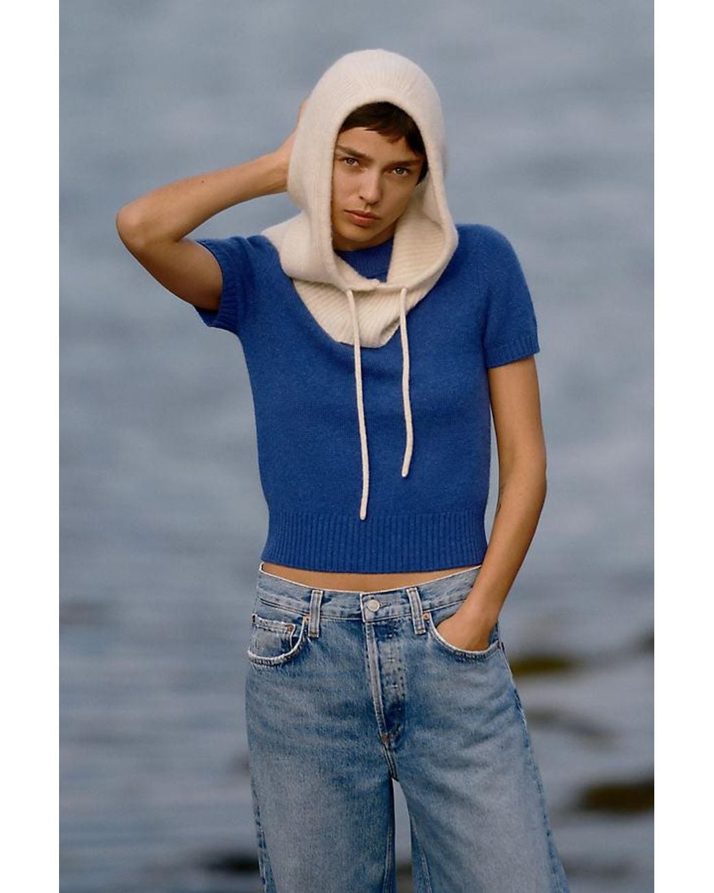 By Anthropologie Blue 100% Cashmere Ribbed Hood