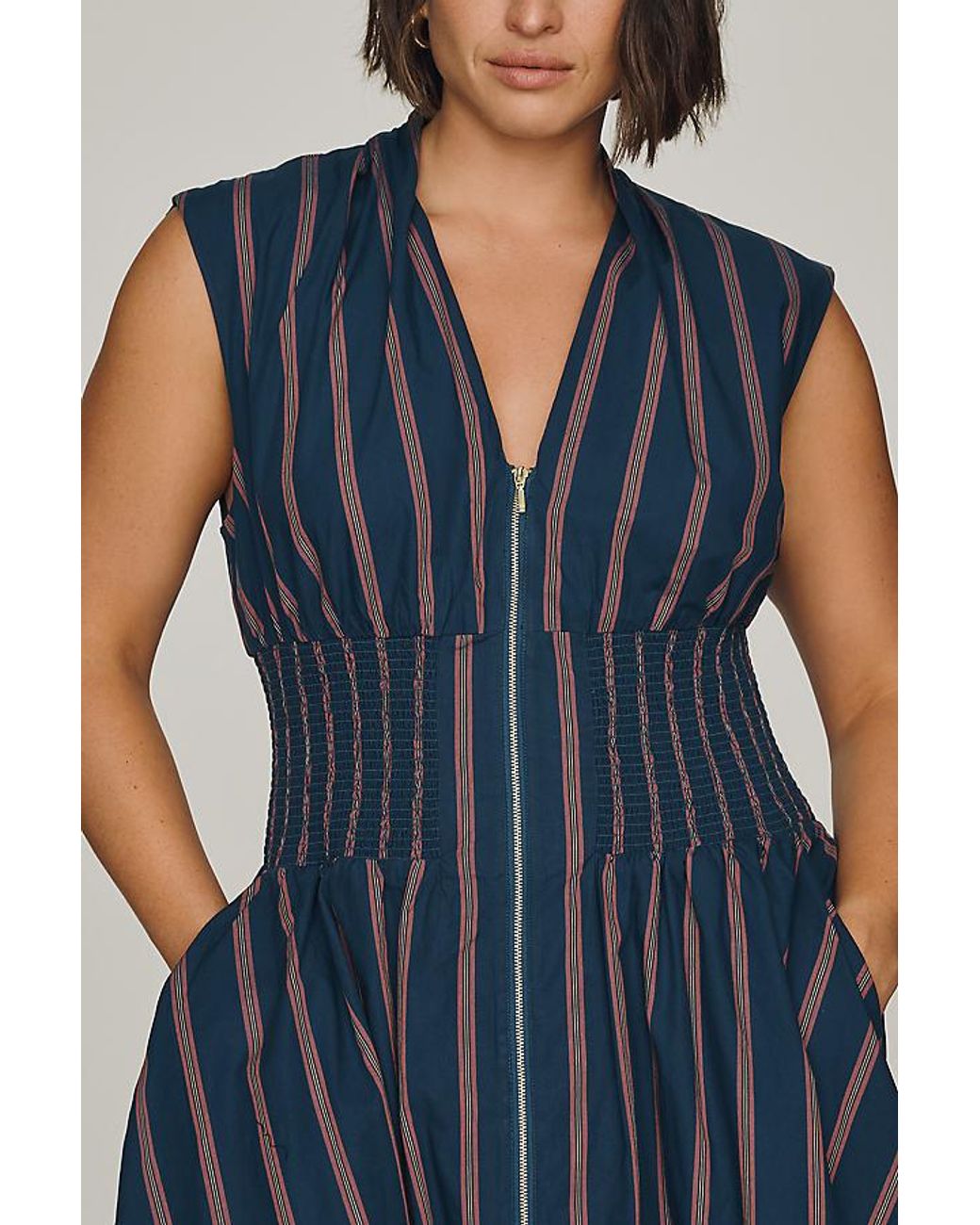 By Anthropologie Blue The Tommie Cap-Sleeve Smocked Front-Zip Shirt Dress: Stripe Edition