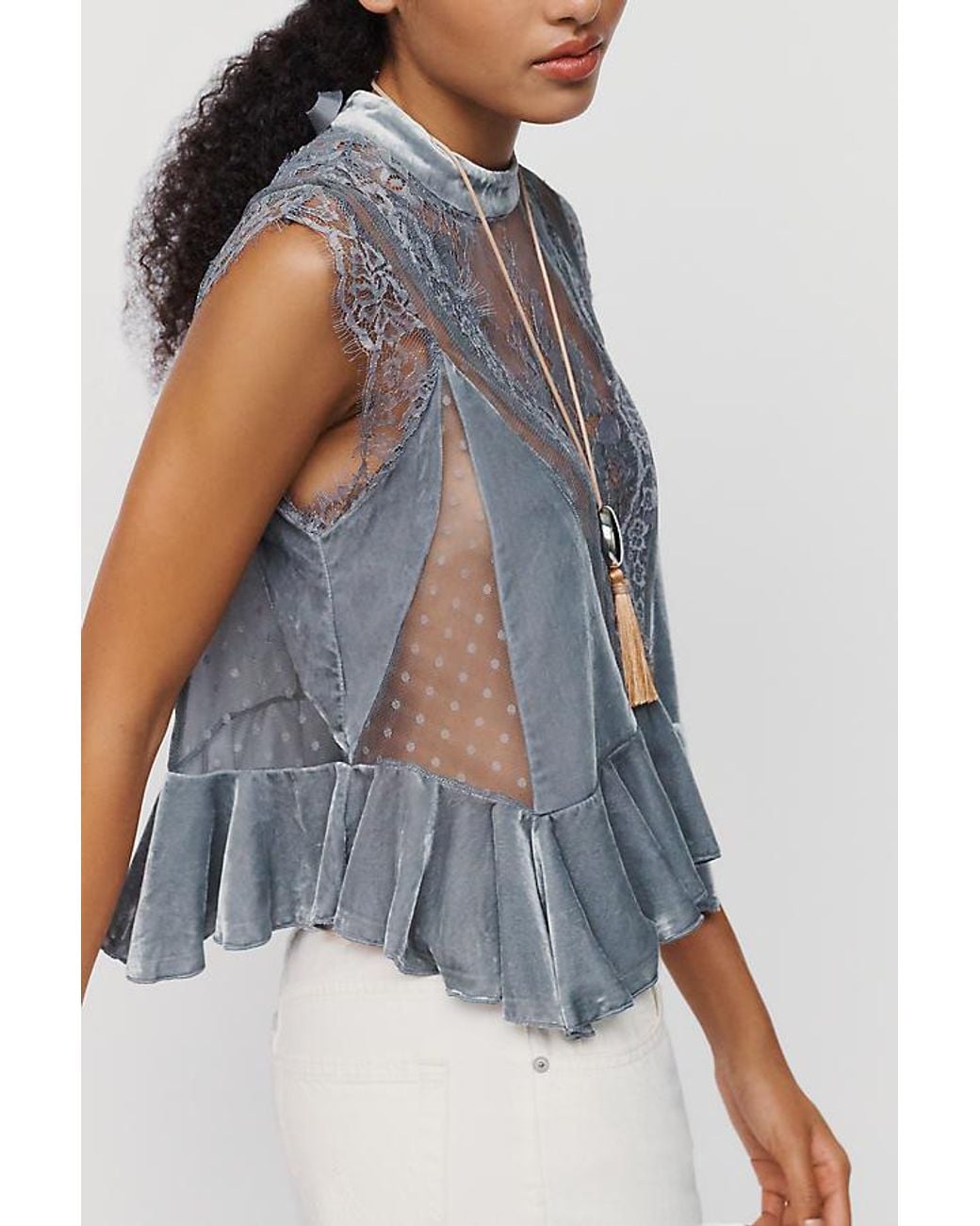 By Anthropologie Blue Harmony Velvet Lace Peplum Blouse