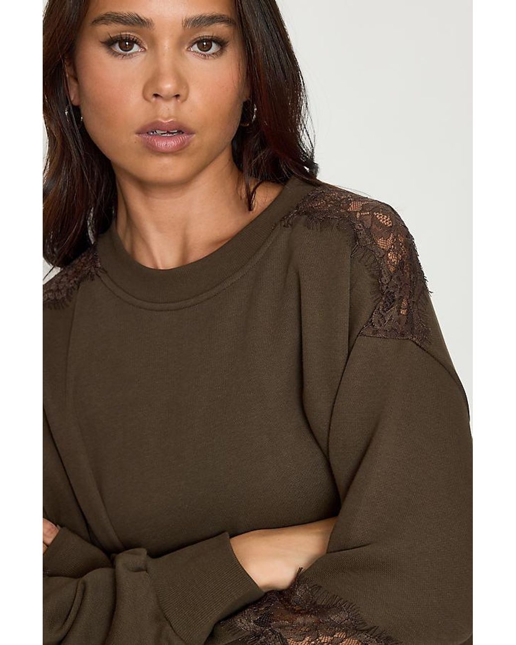 By Anthropologie Brown Lace Trim Sweatshirt