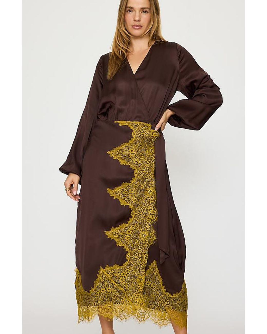 Never Fully Dressed Brown Isabella Satin Midi Wrap Dress