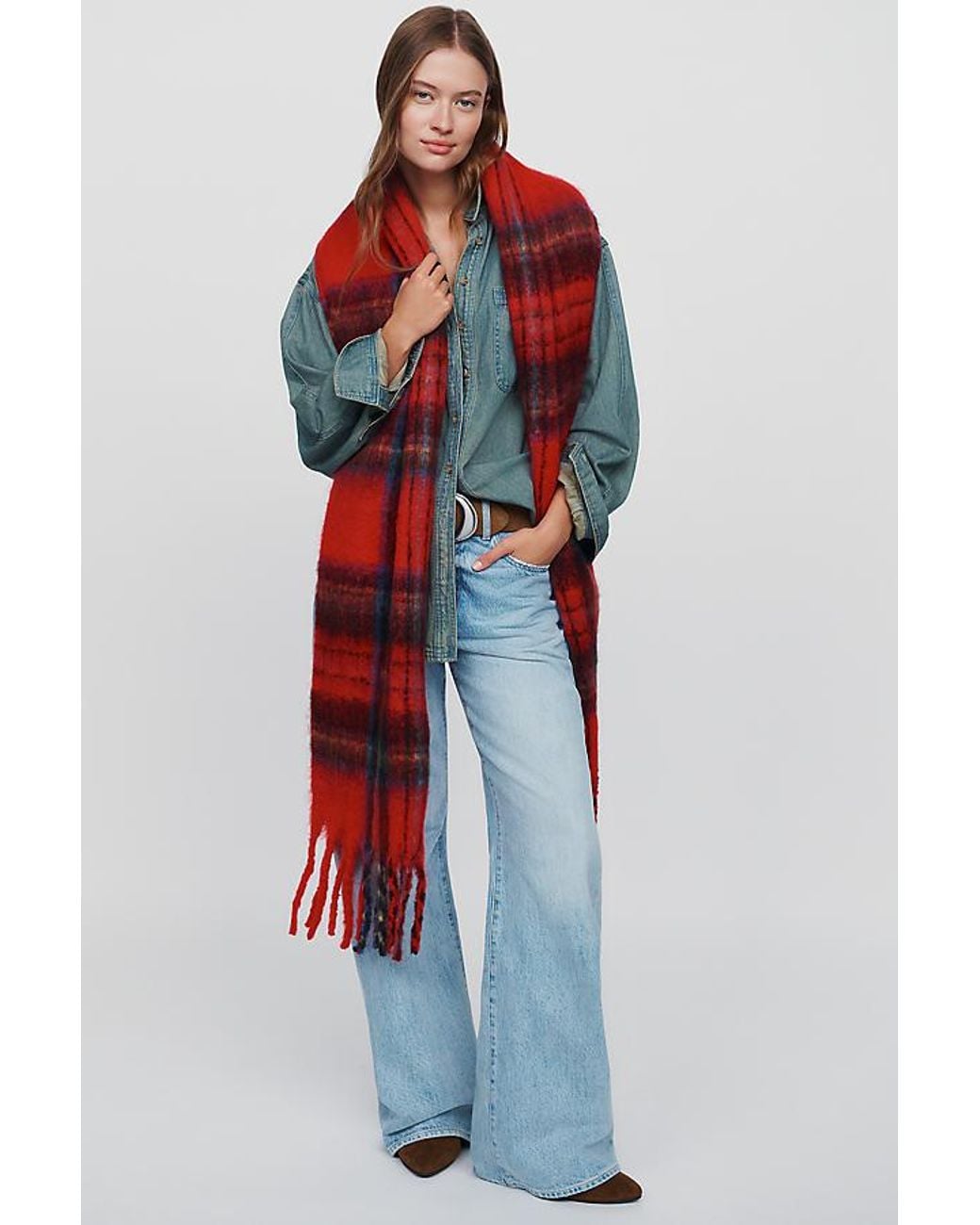 By Anthropologie Red Brushed Plaid Scarf