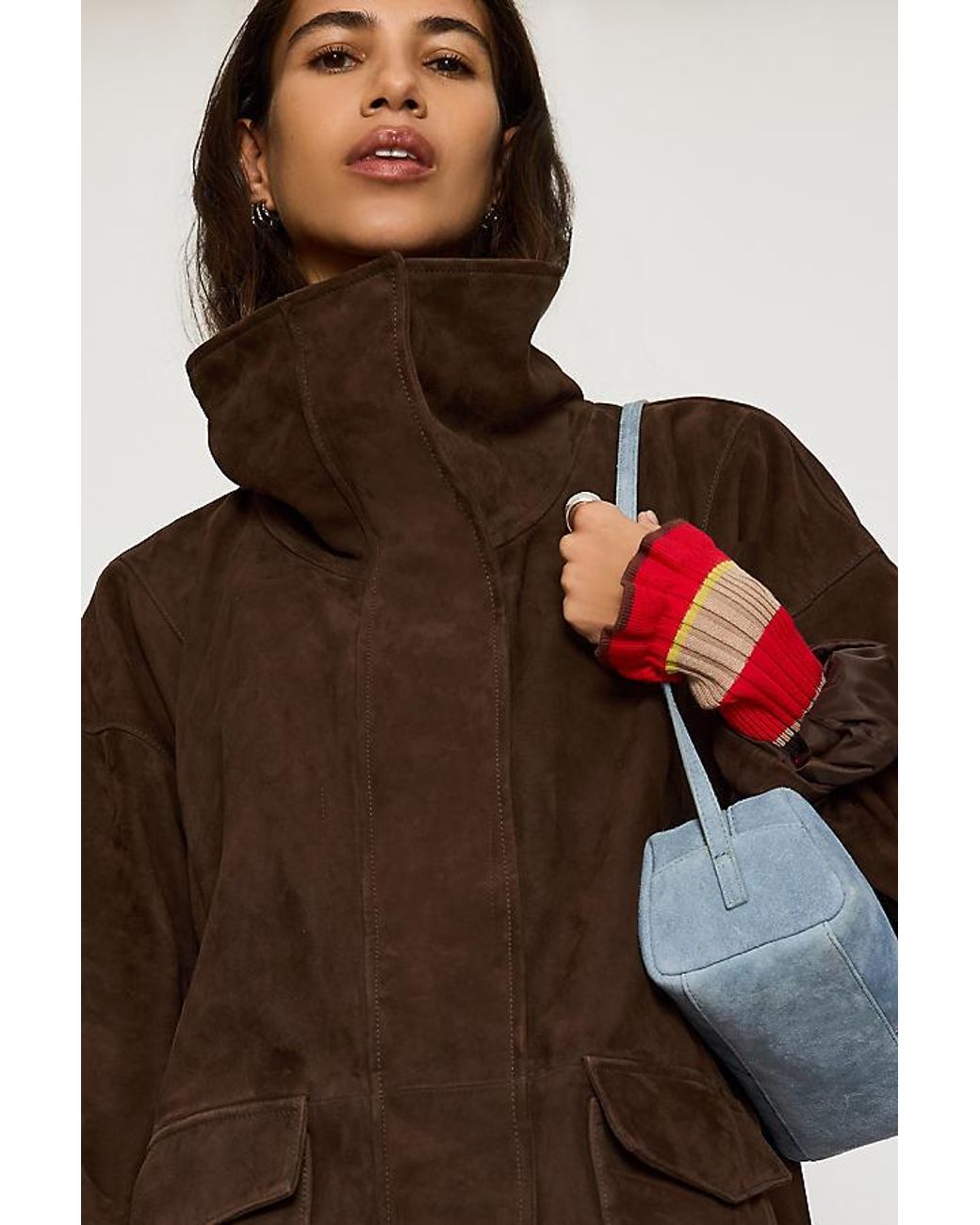 By Anthropologie Brown Suede Funnel-Neck Jacket