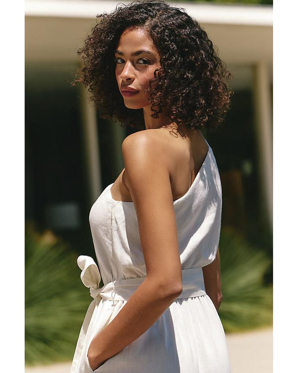 Celandine Green One-Shoulder Linen-Blend Jumpsuit