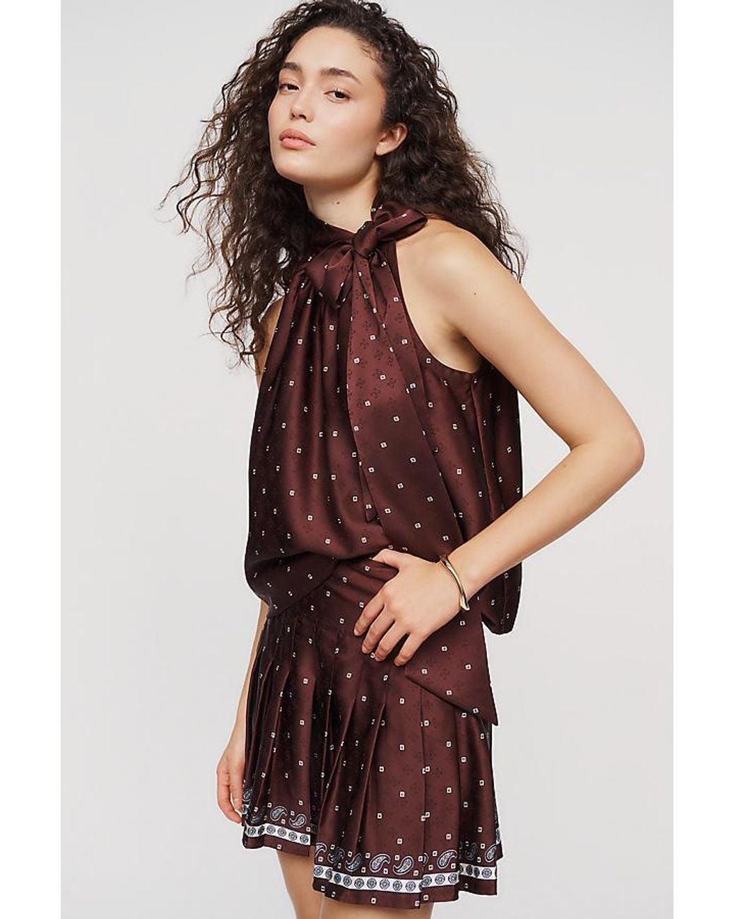 Maeve Red Pleated Satin Mini Skirt