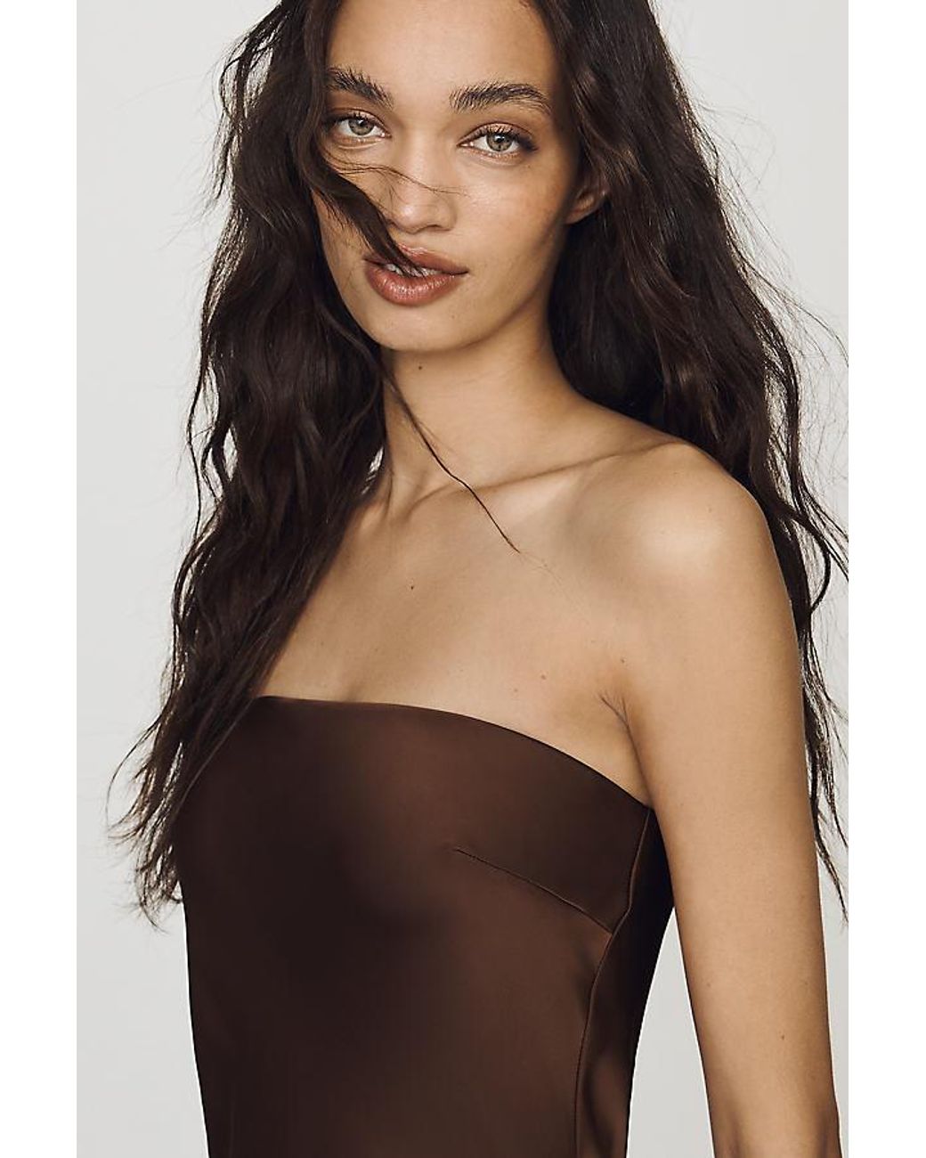 By Anthropologie The Fleur Strapless Satin Maxi Slip Dress in Brown