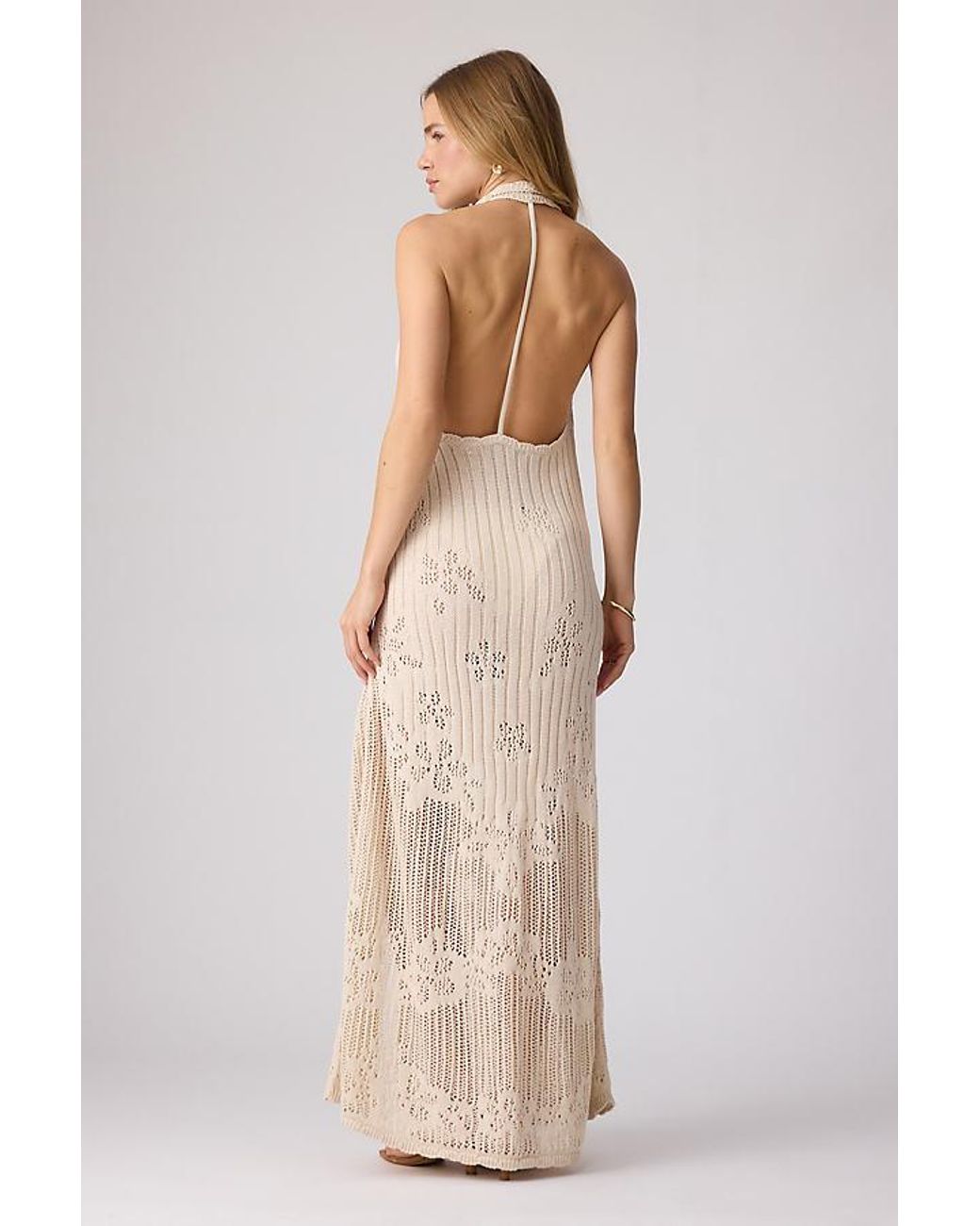 Celandine Natural 100% Cotton Crochet Halter Maxi Dress