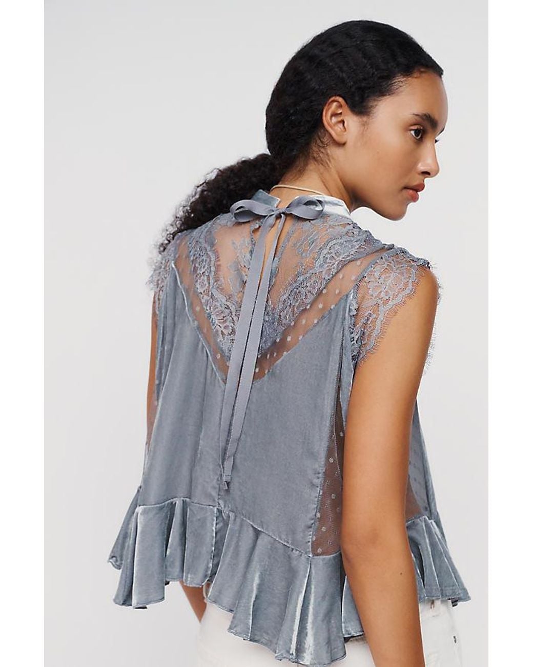 By Anthropologie Blue Harmony Velvet Lace Peplum Blouse