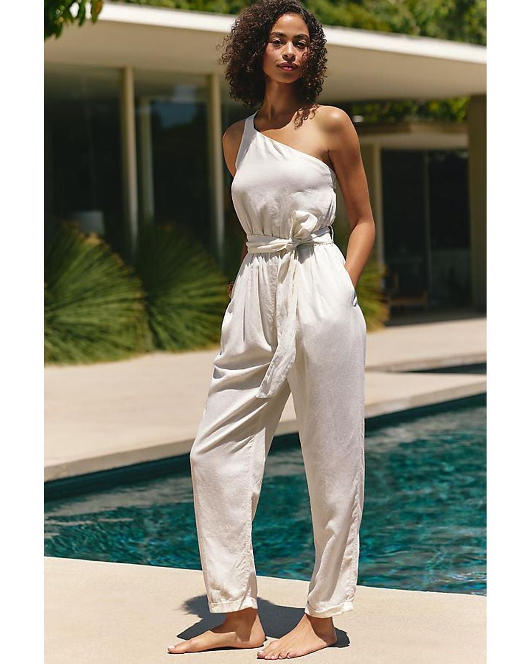 Celandine Green One-Shoulder Linen-Blend Jumpsuit