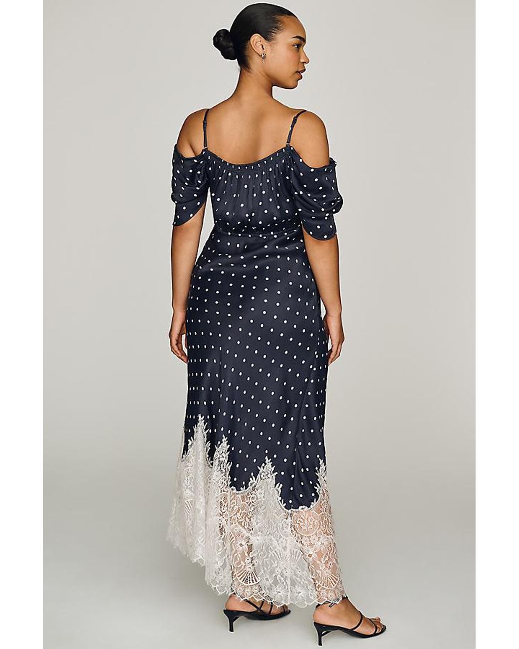 Bl-nk Blue Regina Polka Dot Lace-Trim Midi Slip Dress