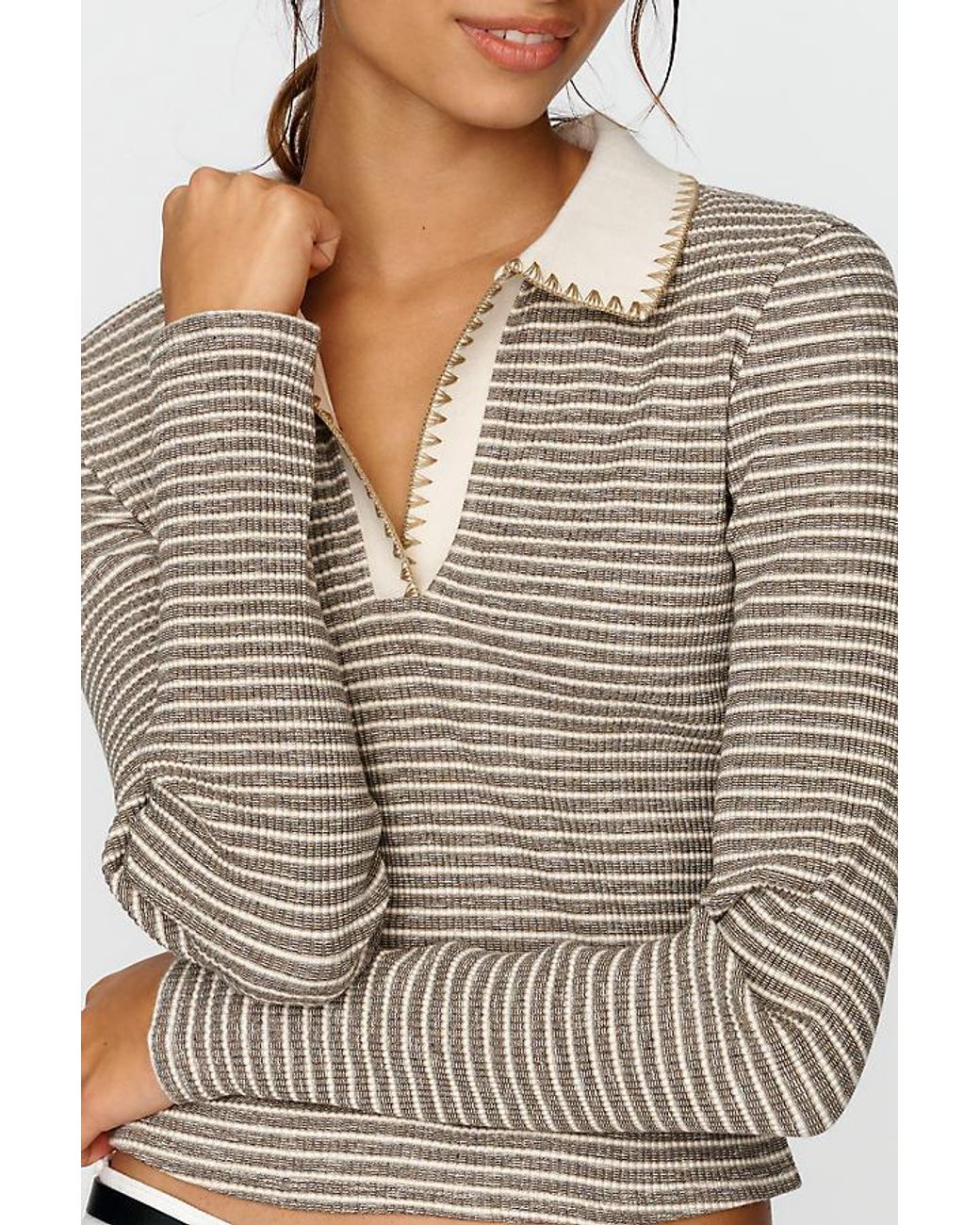 Pilcro Gray Cotton-Blend Stitchy Stripe Polo Top