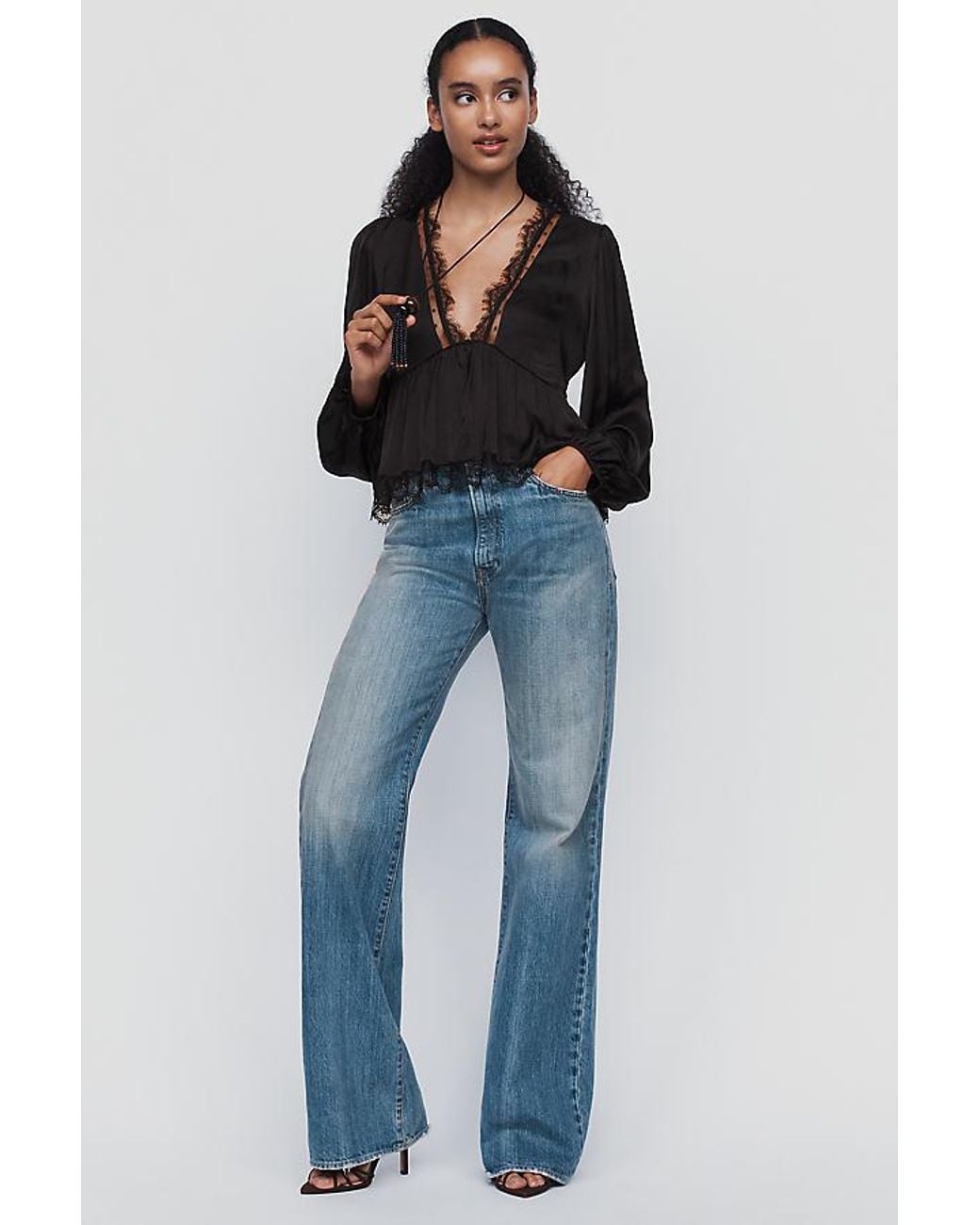 By Anthropologie Black Satin Lace Trimmed Plunge Blouse