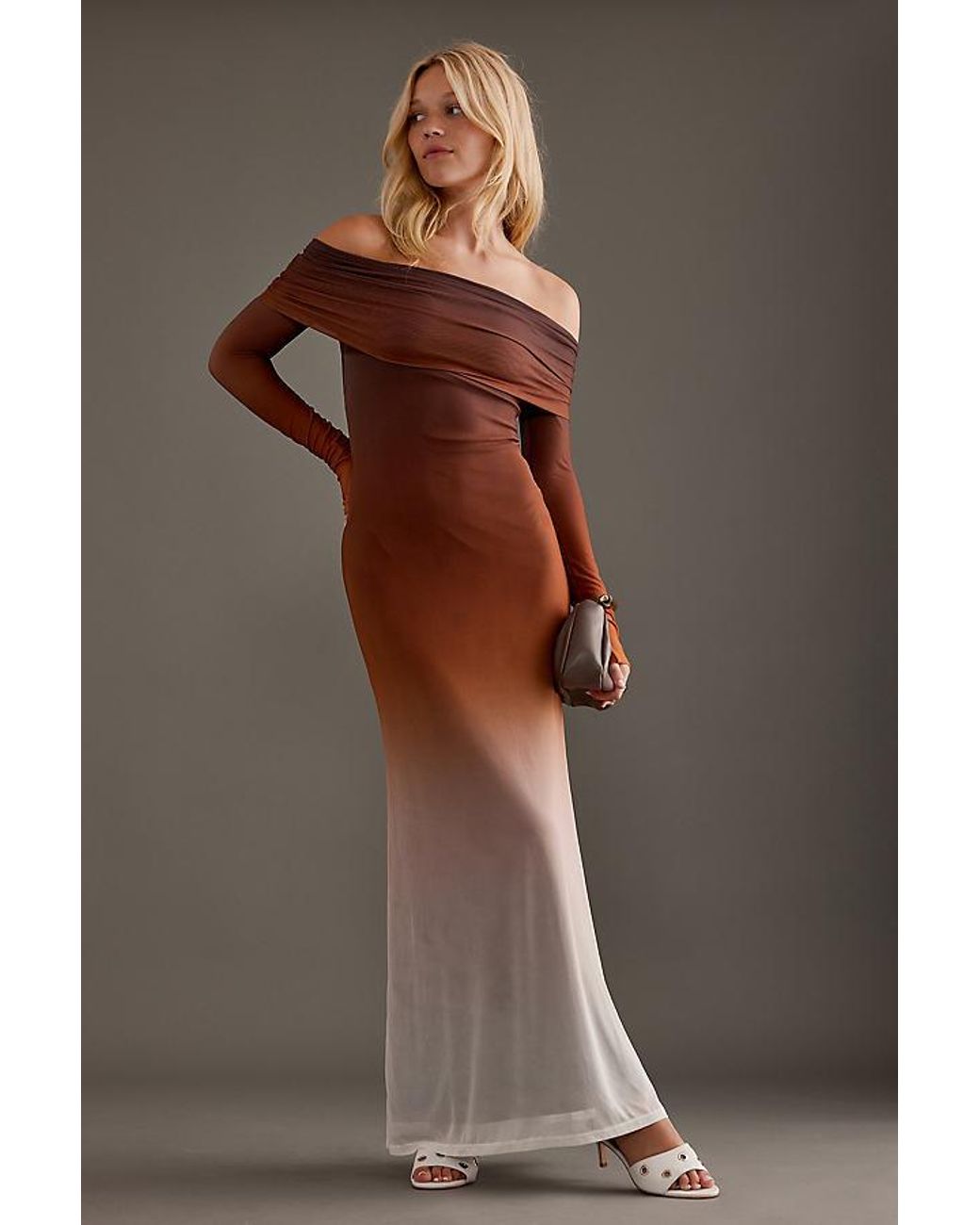 Bardot Saphia Off-the-shoulder Mesh Maxi Dress in Brown Lyst UK