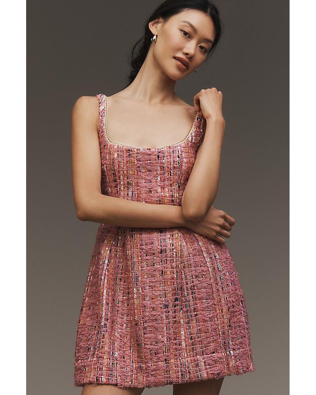 Maeve Sleeveless Tweed Fit & Flare Mini Dress in Pink | Lyst UK