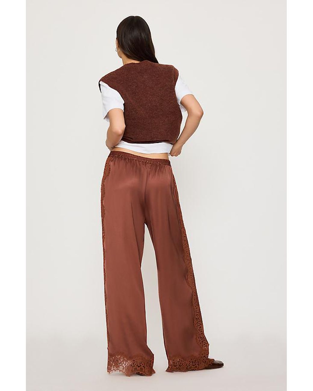 By Anthropologie Brown Satin Lace Wide-Leg Trousers