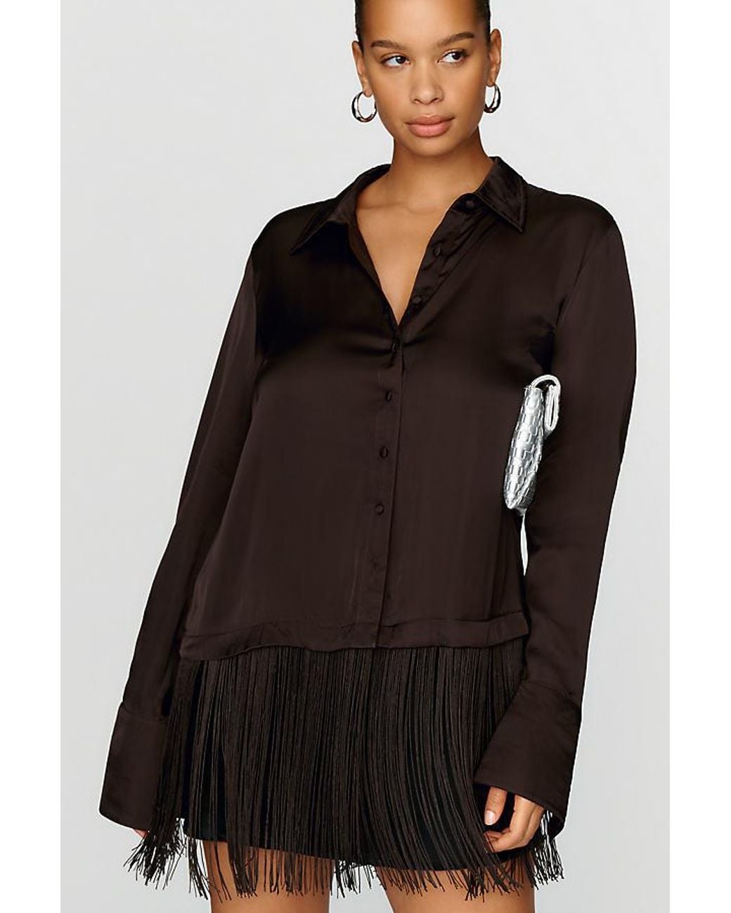 By Anthropologie Gray Satin Fringe-Hem Button-Front Blouse