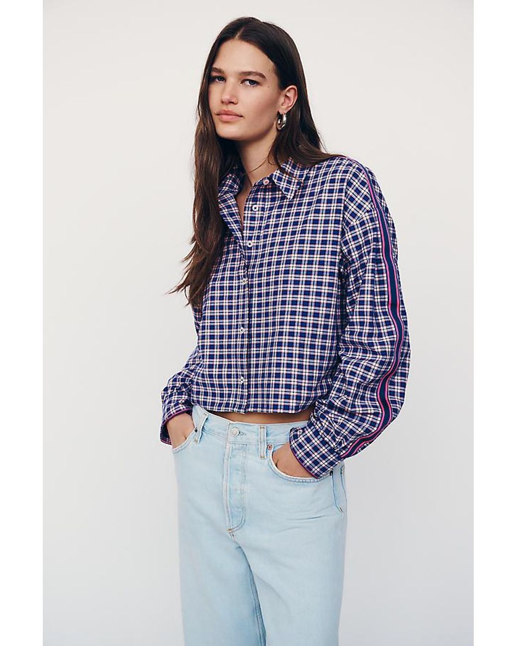 Maeve Blue Checked Cropped Shirt