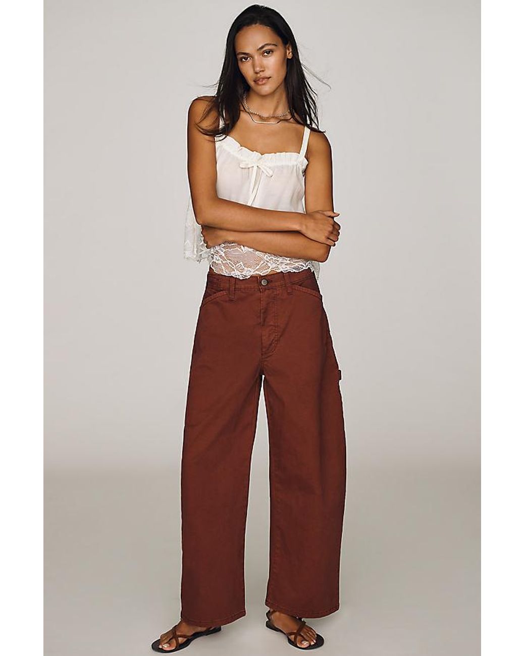 Pilcro Brown The Kayden High-Rise Full Length Carpenter Barrel Trousers By