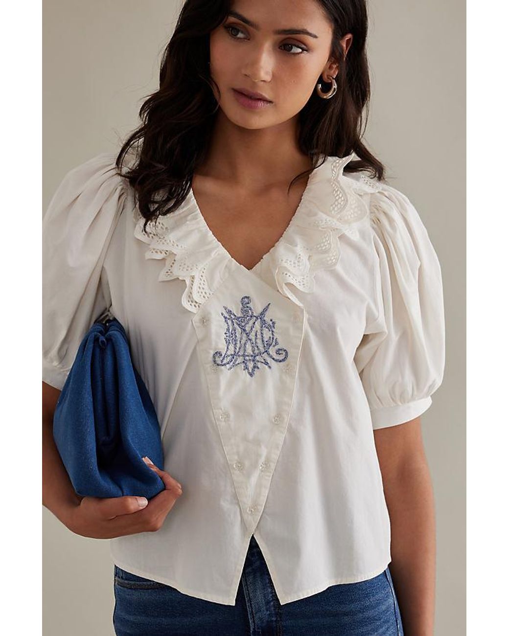 Damson Madder Lottie Puff Sleeve Ruffled Organic Cotton Blouse in