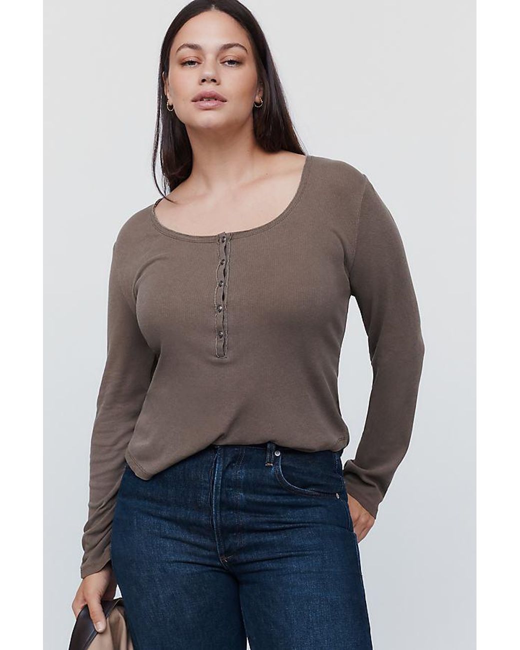 Pilcro Brown Ribbed Long-Sleeve Henley Top