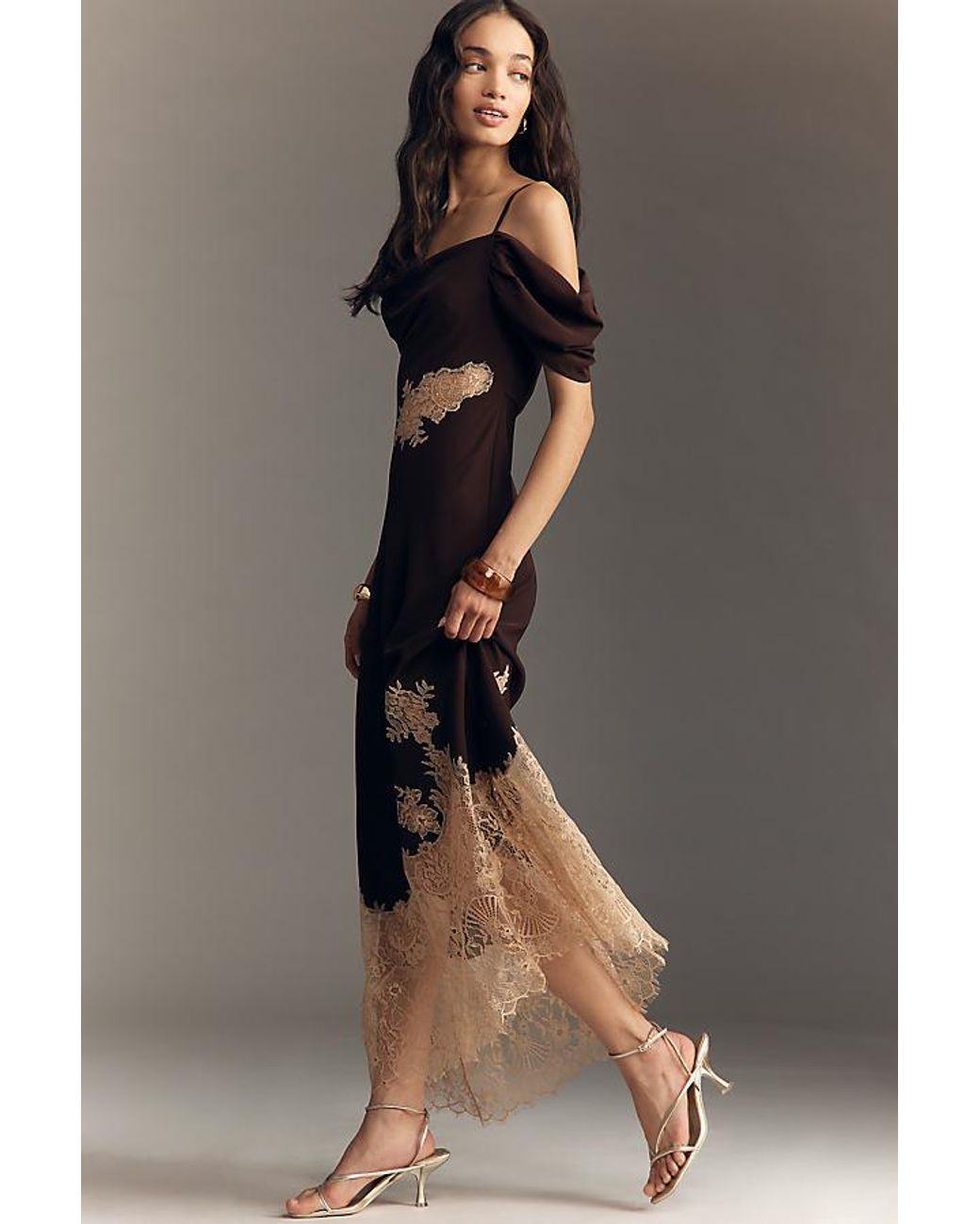 Bl-nk Black Satin Off-Shoulder Lace Midi Dress