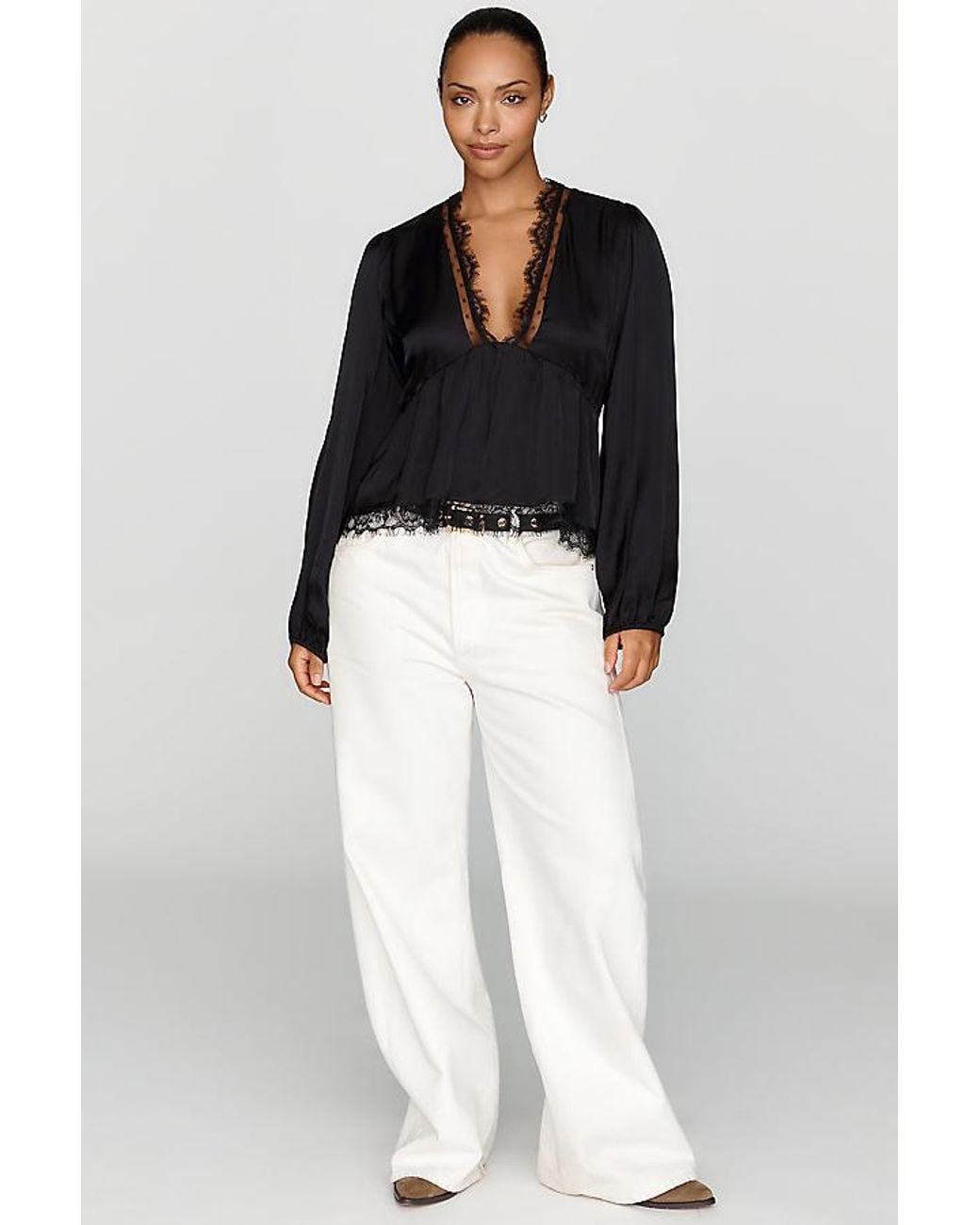 By Anthropologie Black Satin Lace Trimmed Plunge Blouse