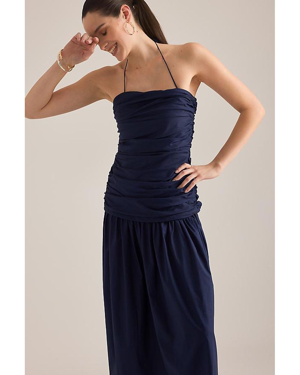 Faithfull The Brand Blue Notte Ruched Drop-Waist Maxi Dress