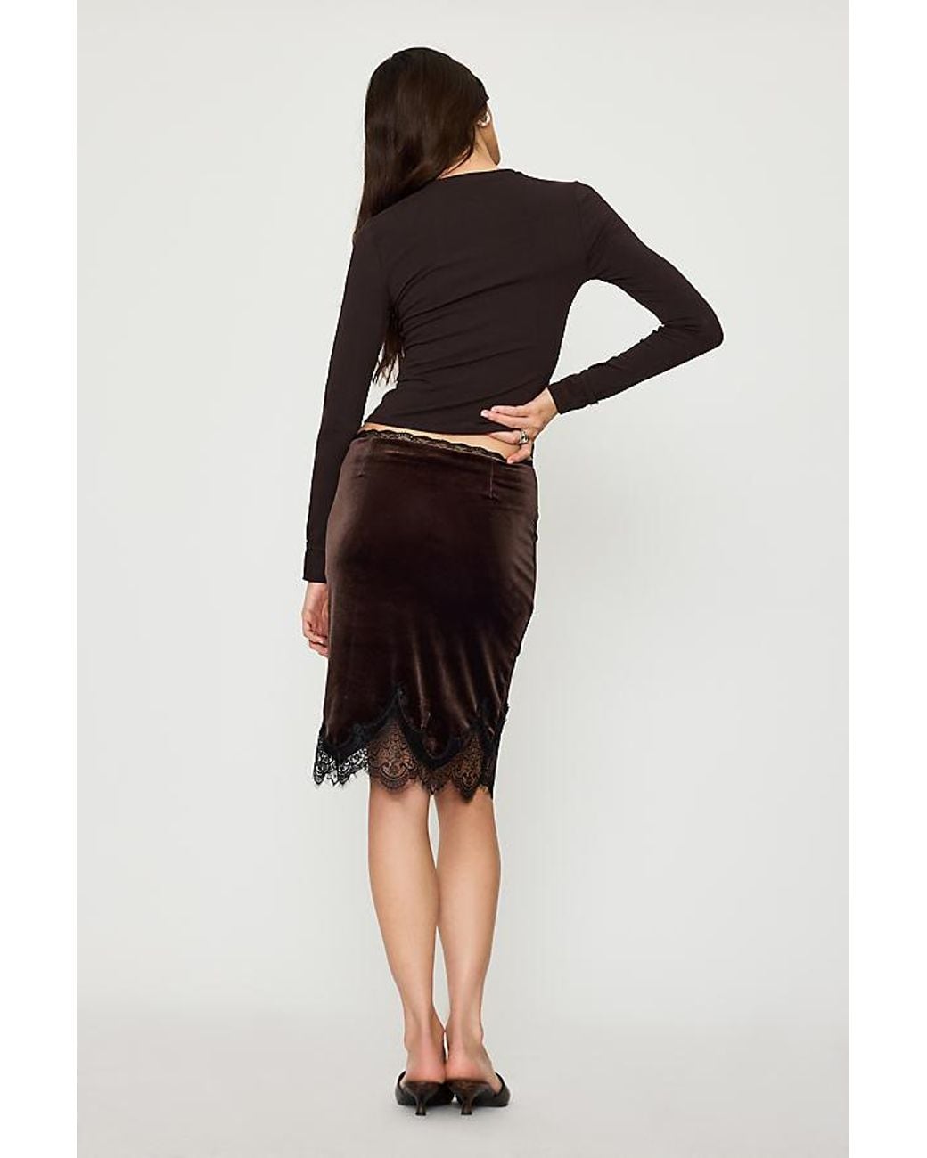 Feners Brown Suave Velvet Lace-Hem Skirt