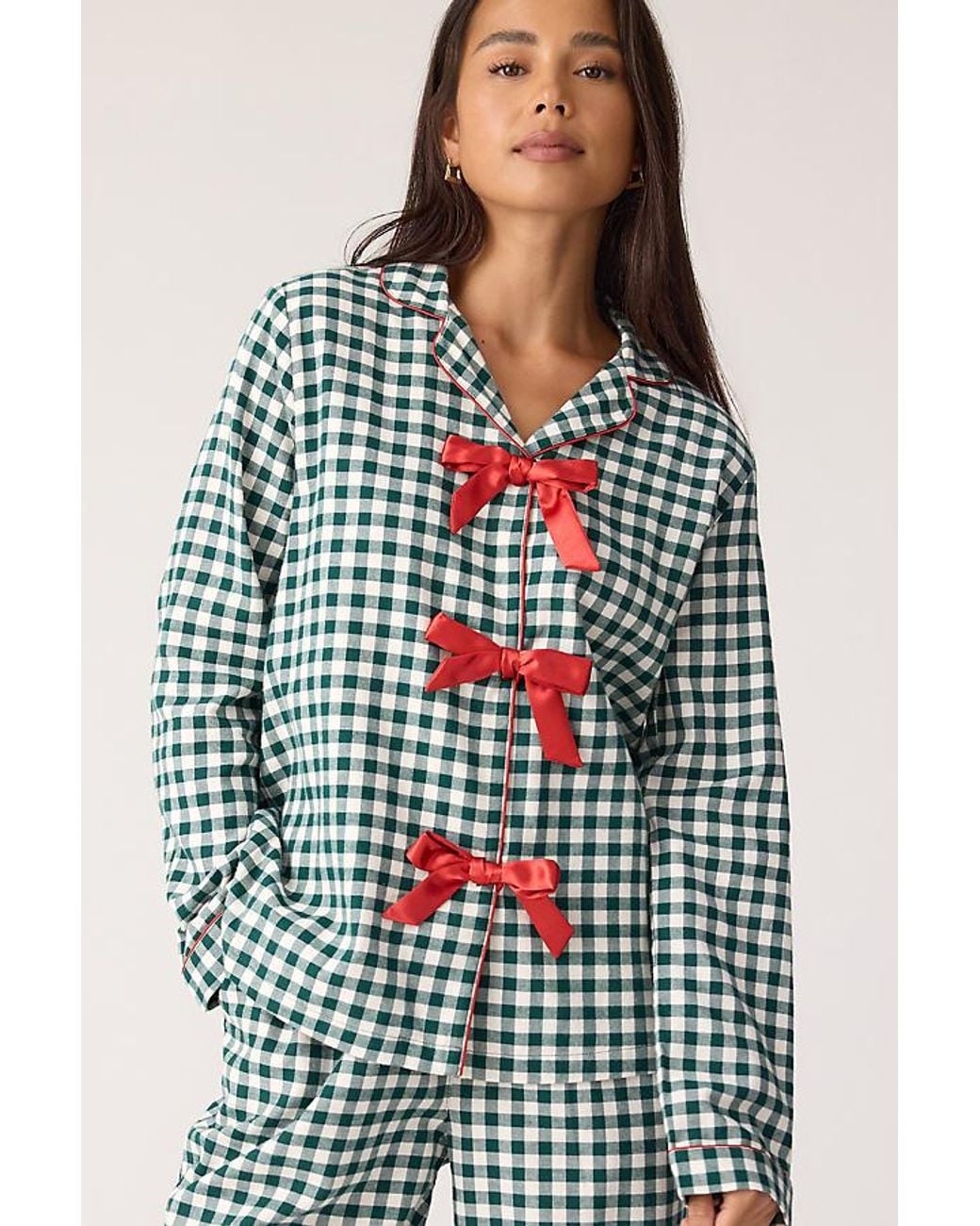 Chelsea Peers Blue Bow-Front Gingham Long Pyjama Set