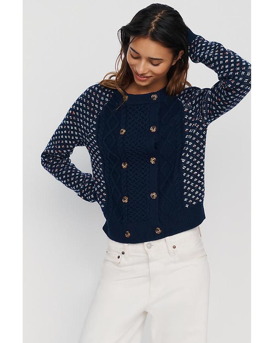 Maeve Blue Cotton-Wool Blend Double Breasted Cardigan
