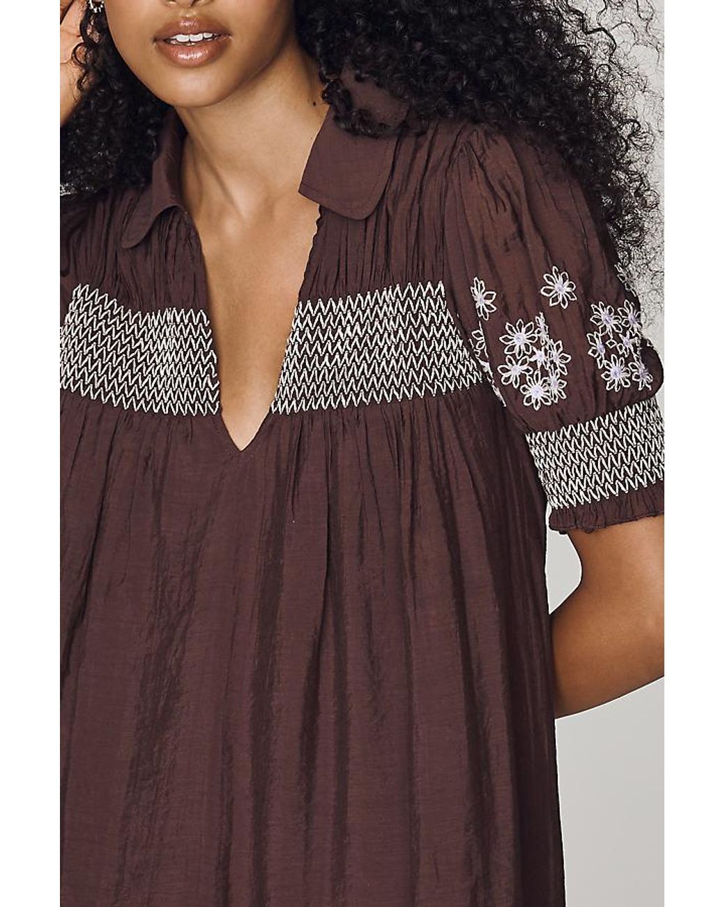 By Anthropologie Brown Puff-Sleeve Mini Dress