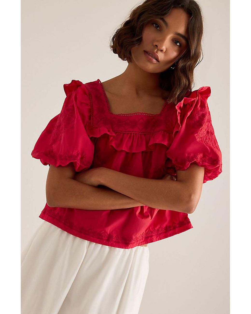 By Anthropologie Ruffle Puff-Sleeve Embroidered Blouse