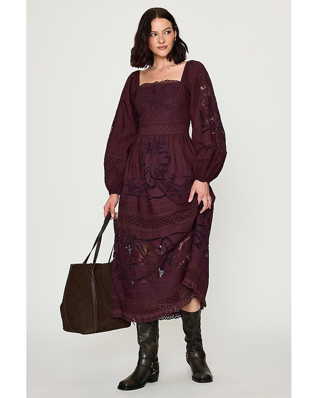 Bl-nk Purple Cutwork Long-Sleeve 100% Cotton Midi Dress