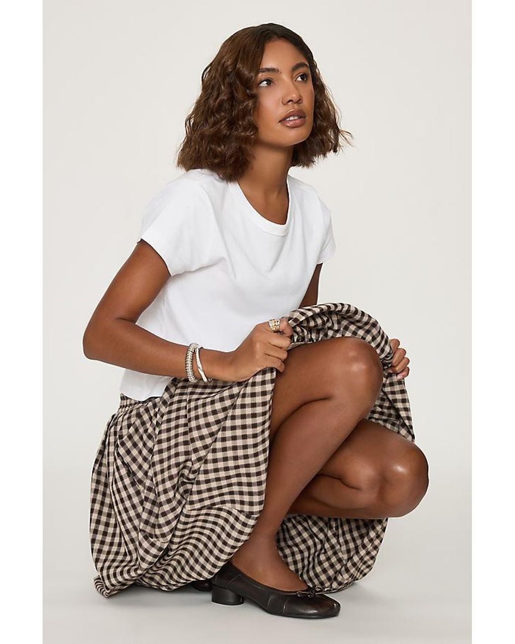 By Anthropologie Multicolor Gingham Bubble Hem Midi Skirt