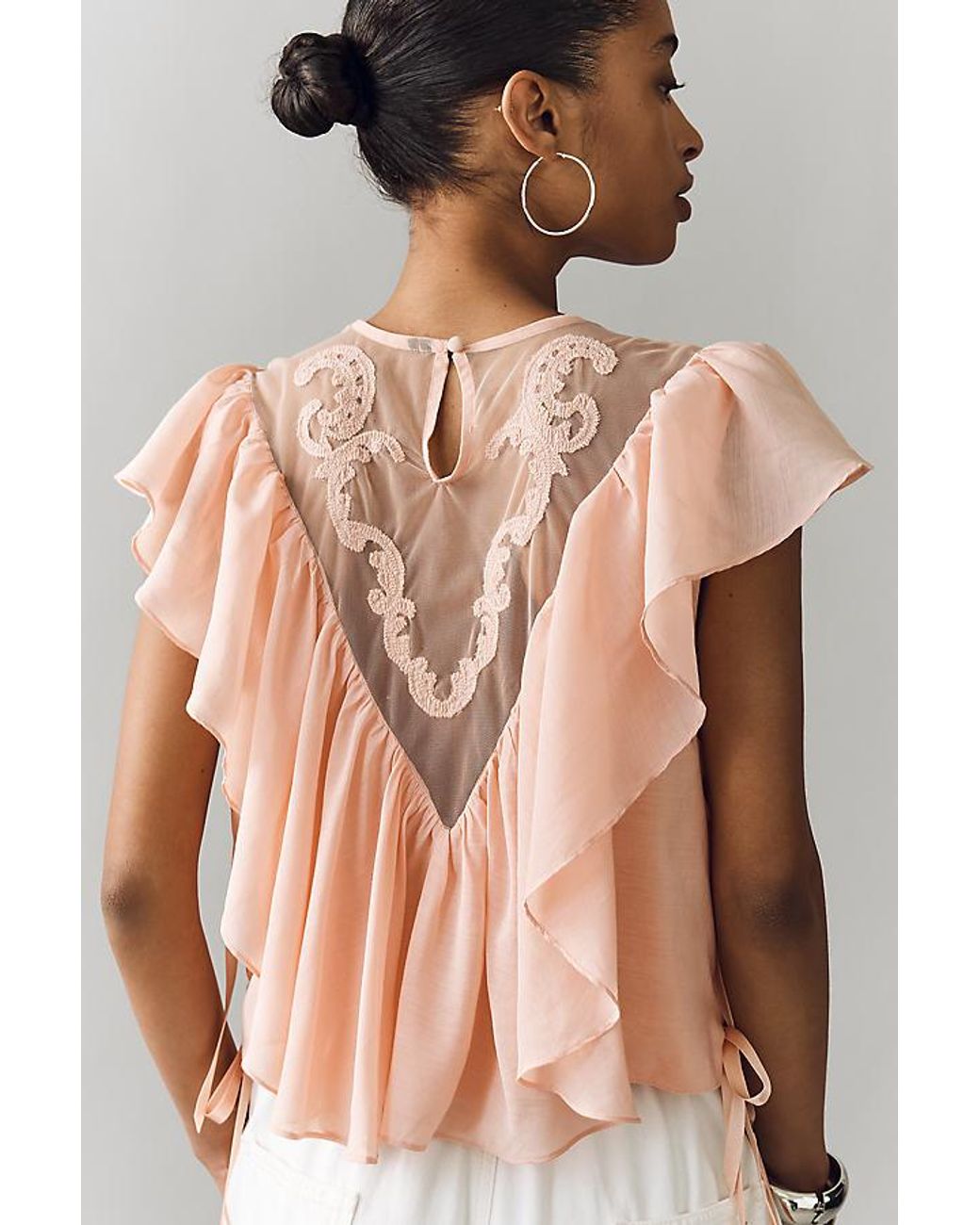 By Anthropologie Brown Sheer Ruffle Top