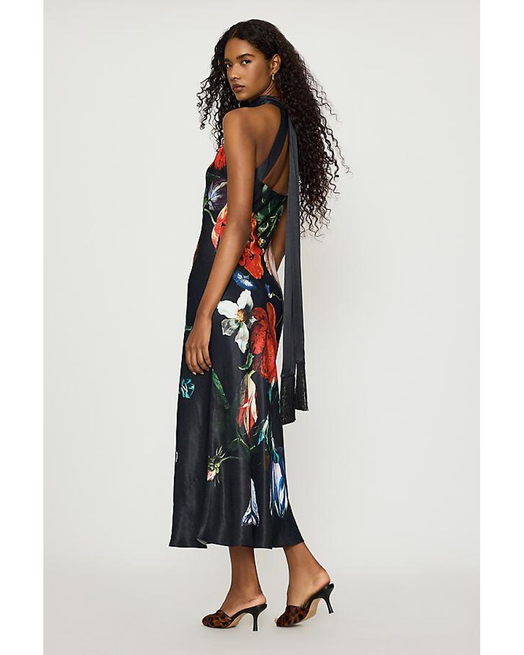 By Anthropologie Multicolor Floral Satin Halter Tassel Maxi Dress