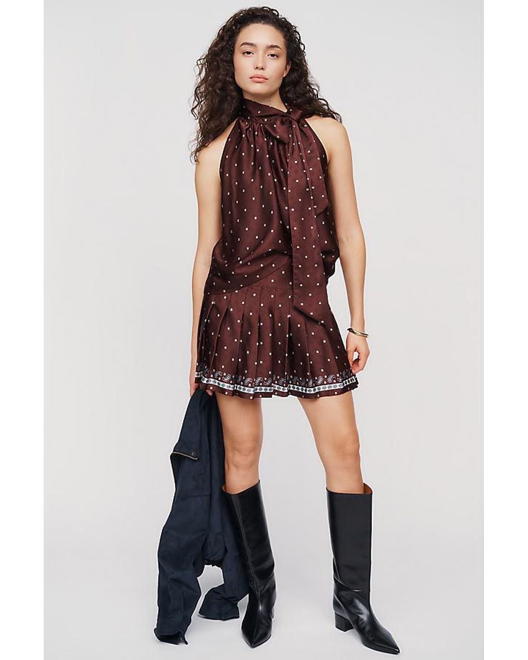 Maeve Red Pleated Satin Mini Skirt