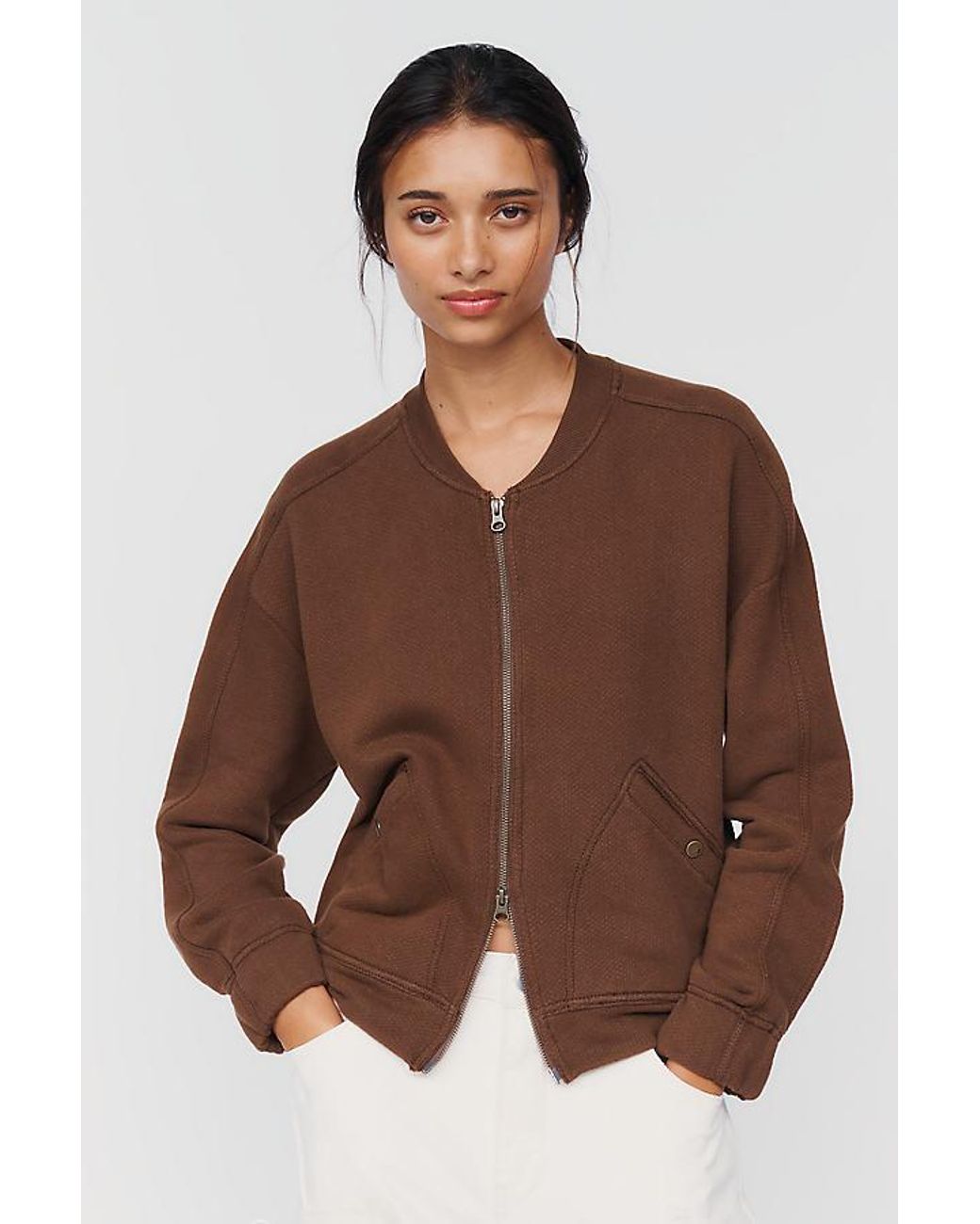 Pilcro Brown The Terry Cotton Bomber Sweatshirt