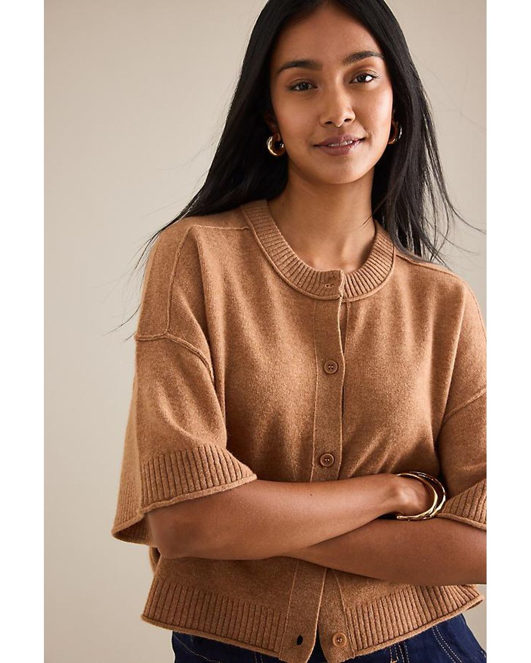 By Anthropologie Brown The Goldie Crew-Neck Cashmere Jumper: Cardigan Edition