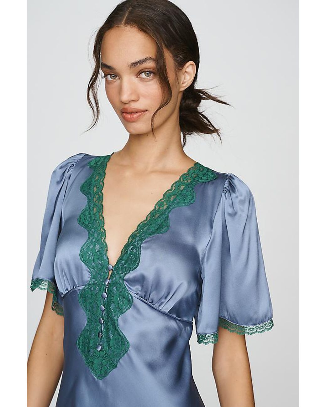 By Anthropologie Blue 100% Silk Lace-Trim Maxi Dress