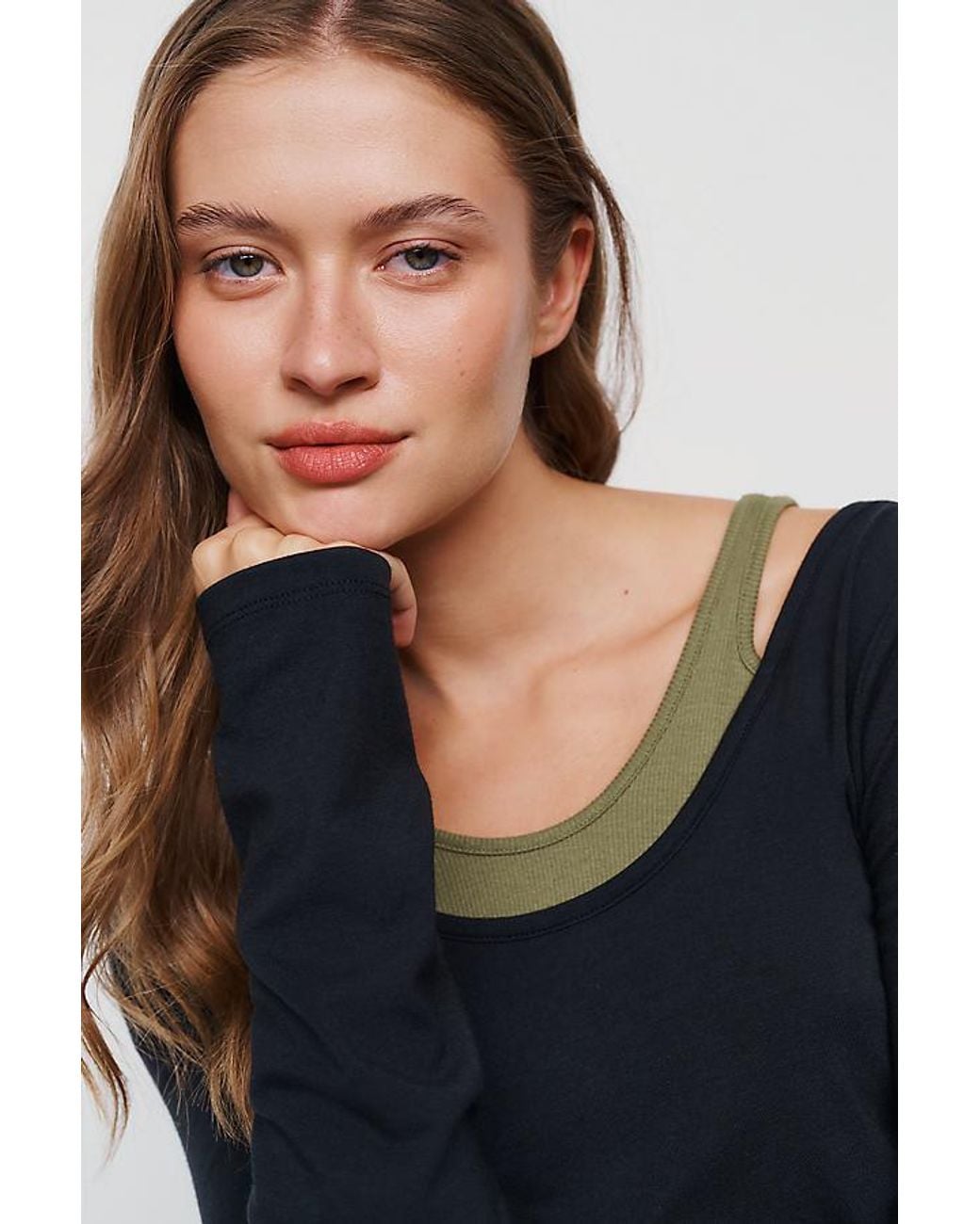 By Anthropologie Blue 100% Cotton Layered Ribbed Top