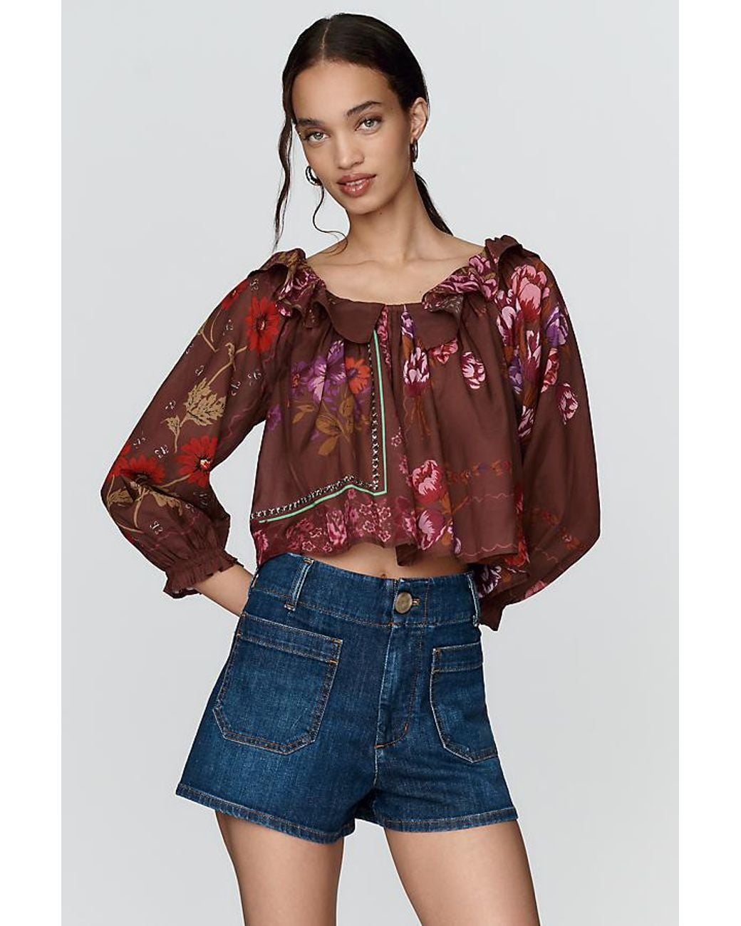 By Anthropologie Red Cotton-Blend Puff Sleeved Cropped Blouse