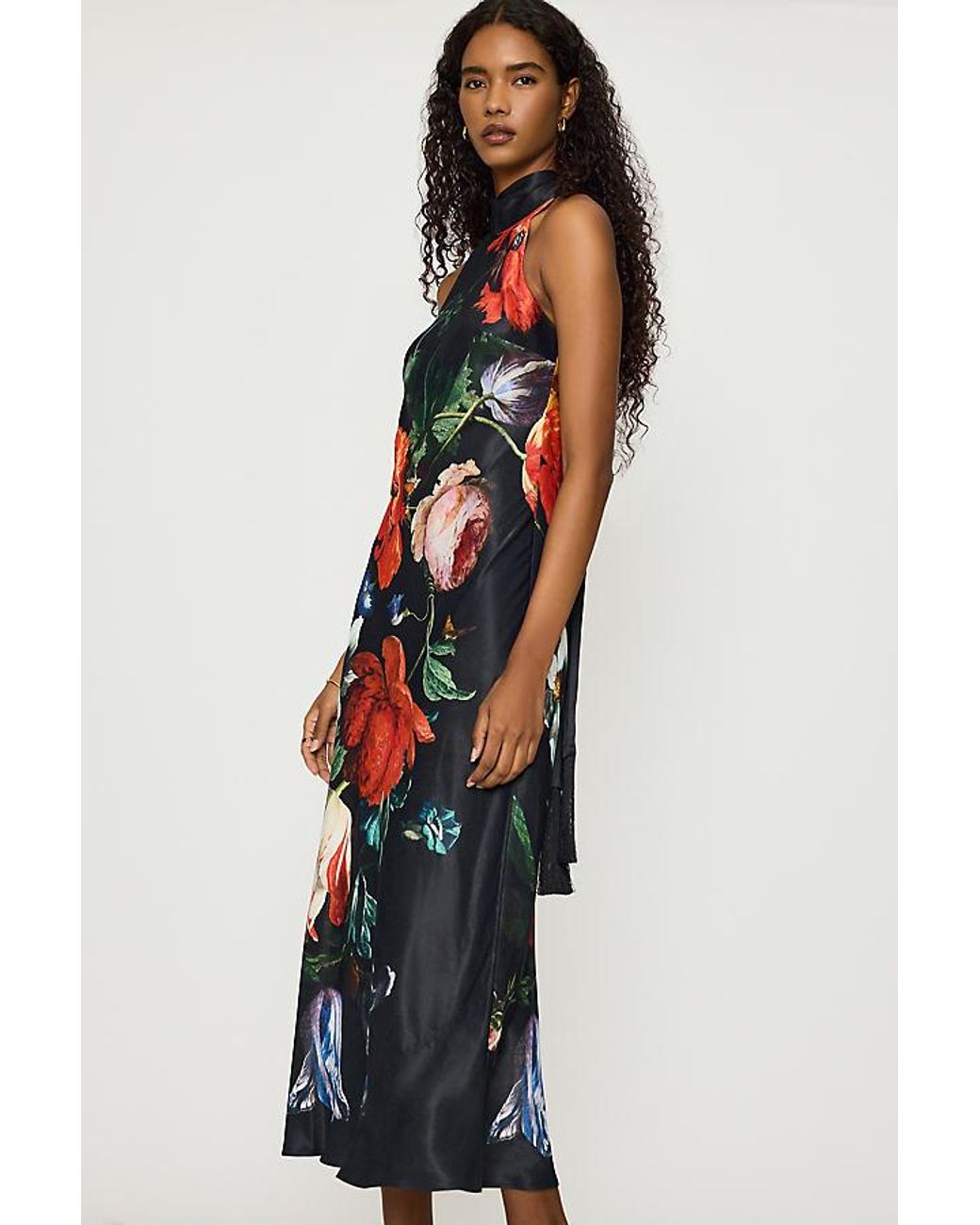 By Anthropologie Multicolor Floral Satin Halter Tassel Maxi Dress