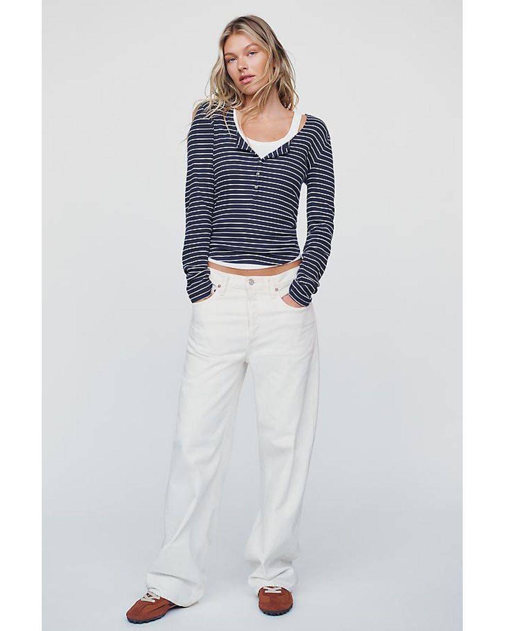Pilcro Blue Ribbed Long-Sleeve Henley Top