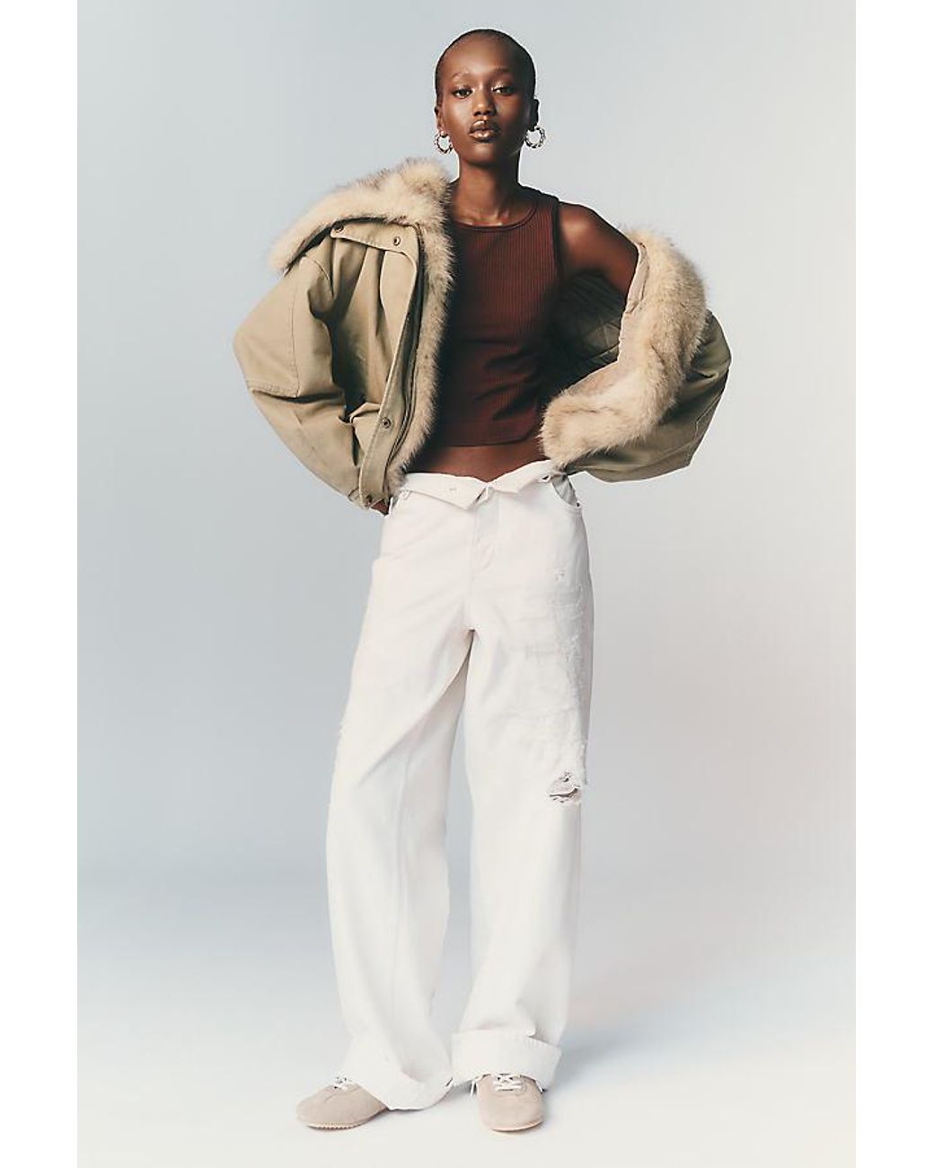 Pilcro Natural Faux-Fur Lined Denim Bomber Jacket