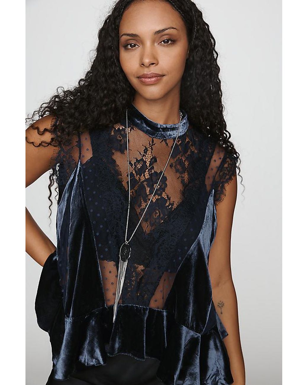 By Anthropologie Blue Harmony Velvet Lace Peplum Blouse