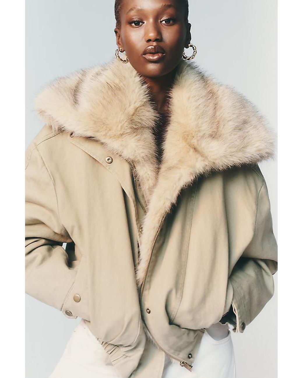 Pilcro Natural Faux-Fur Lined Denim Bomber Jacket
