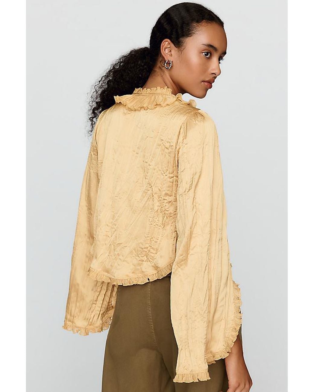 By Anthropologie Natural Mariana Satin Ruffled Tie-Front Blouse