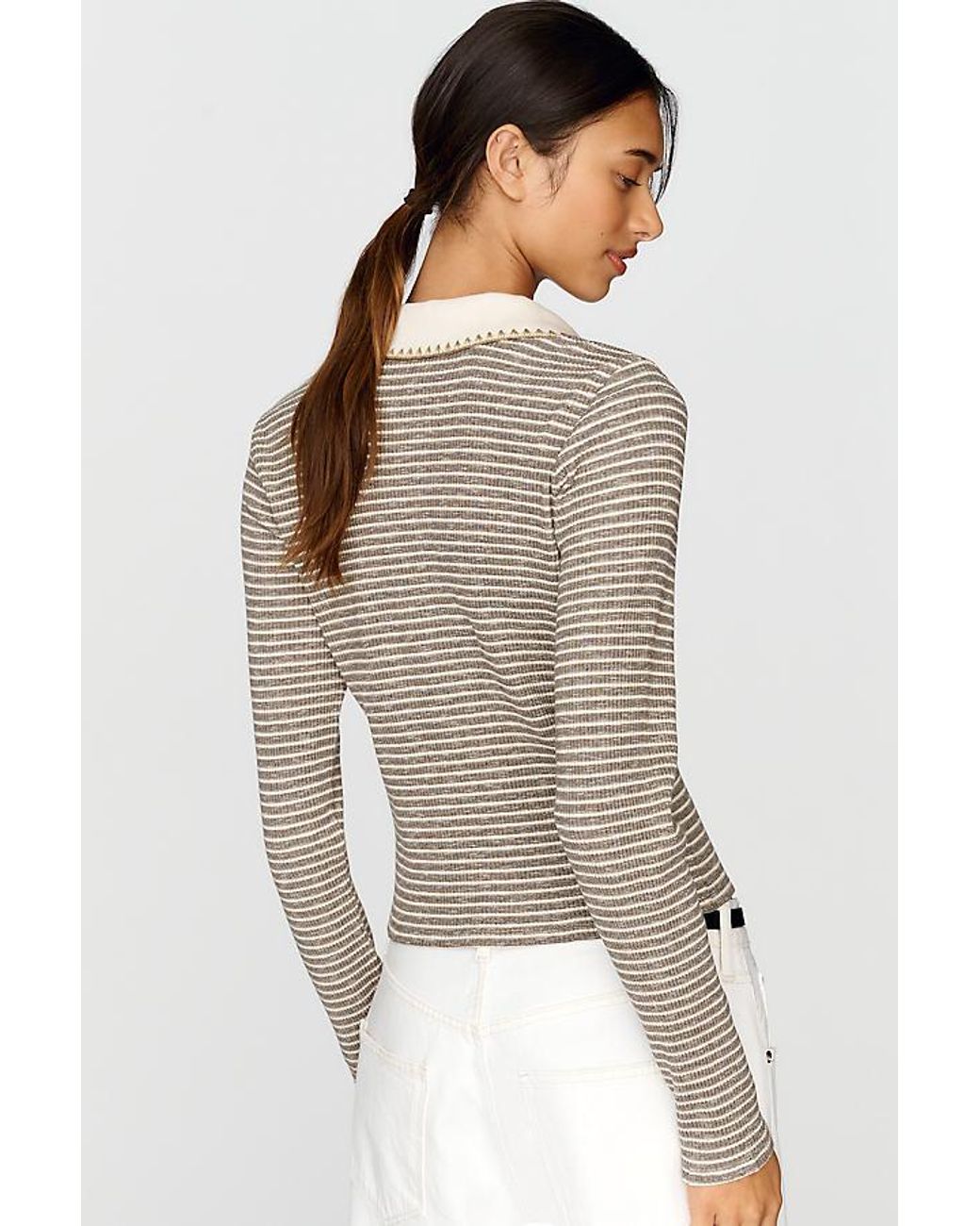 Pilcro Gray Cotton-Blend Stitchy Stripe Polo Top